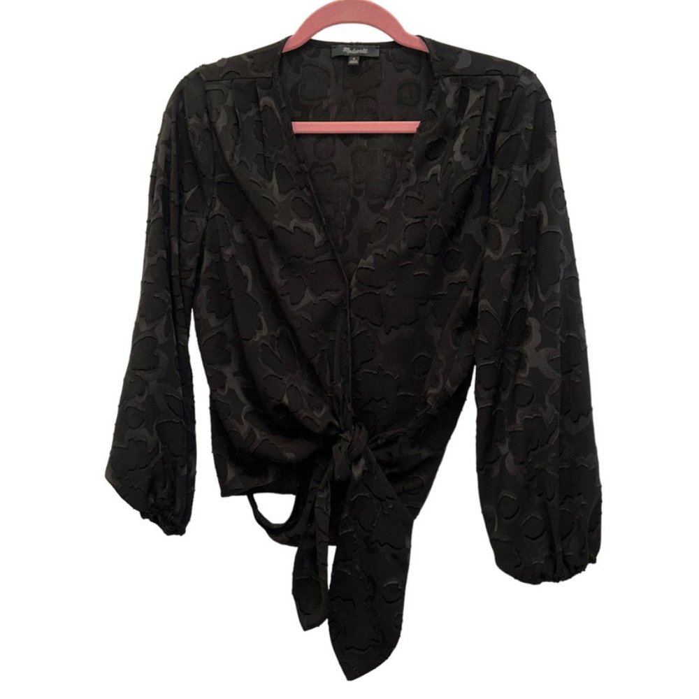 madewell black semi sheer tie front floral applique top M